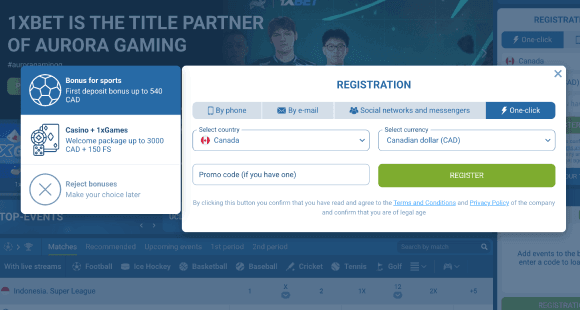 Formulario de registro de 1xBet